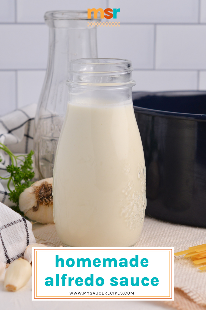 jar of alfredo sauce with text overlay for pinterest