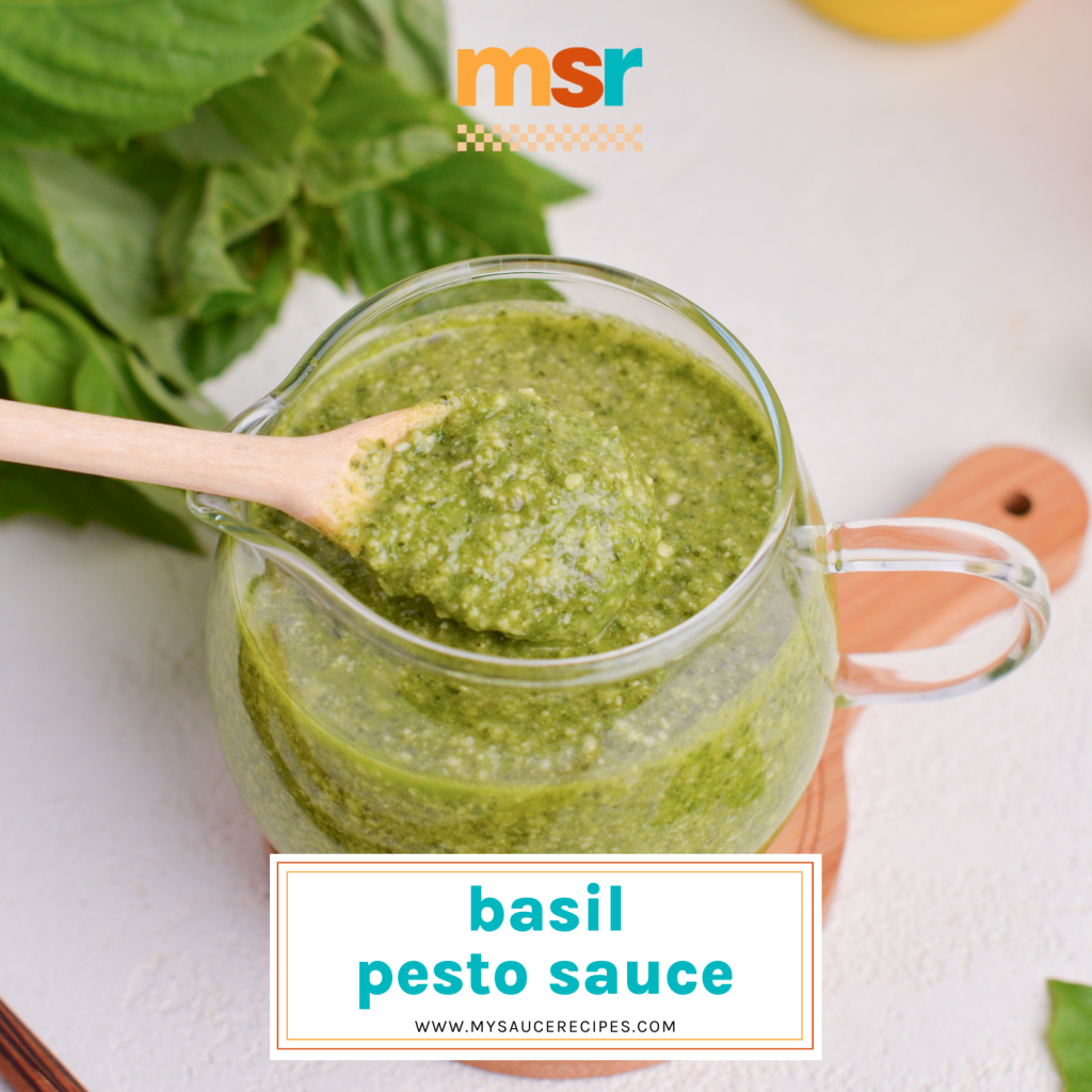 wooden spoon in jar of basil pesto with text overlay for facebook