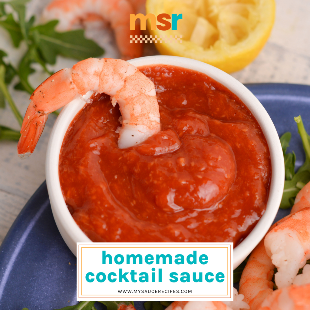 shrimp dipped into bowl of cocktail sauce with text overlay for facebook