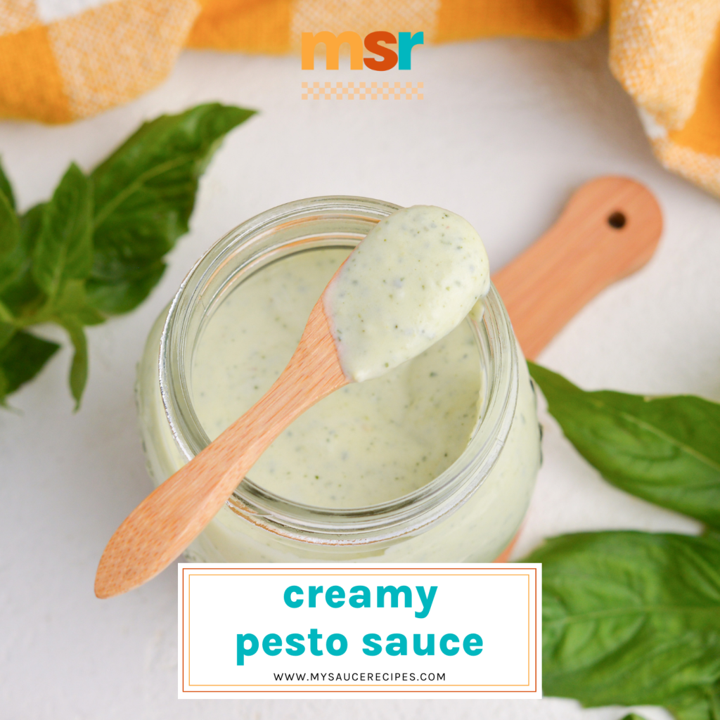 creamy basil pesto sauce with text overlay for facebook