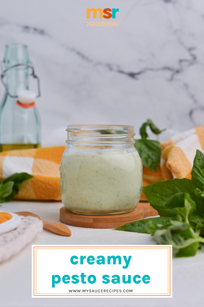 jar of creamy pesto sauce with text overlay for pinterest