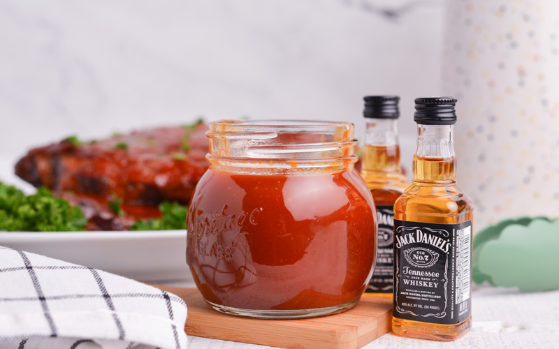 straight on shot of bbq sauce with jack daniels