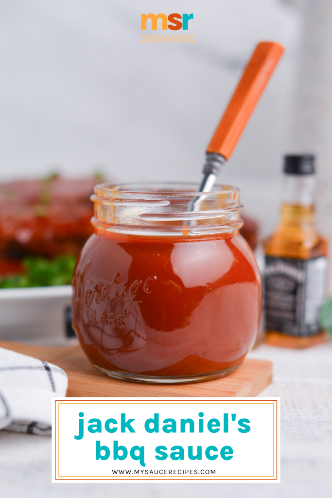 jar of jack daniels bbq sauce with a spoon with text overlay for pinterest