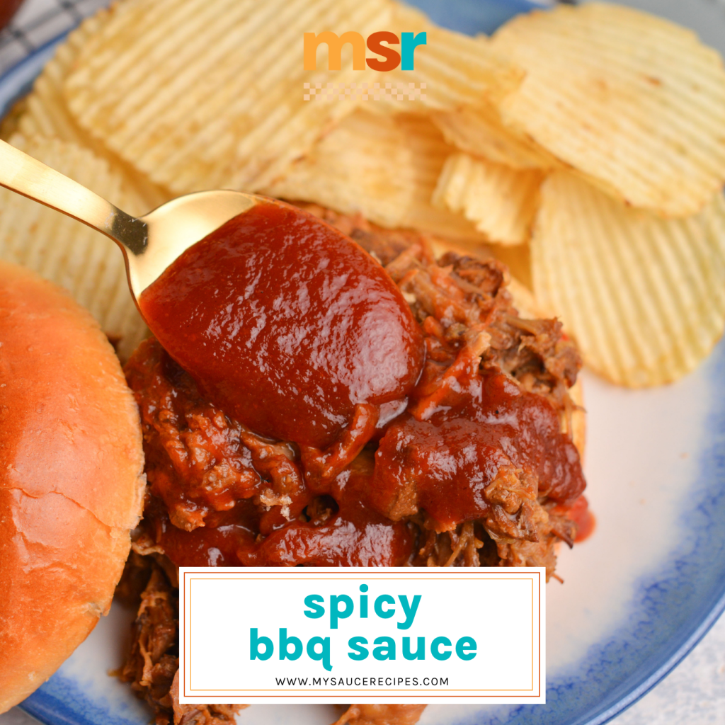 spoon pouring spicy bbq sauce on bbq sandwich with text overlay for facebook