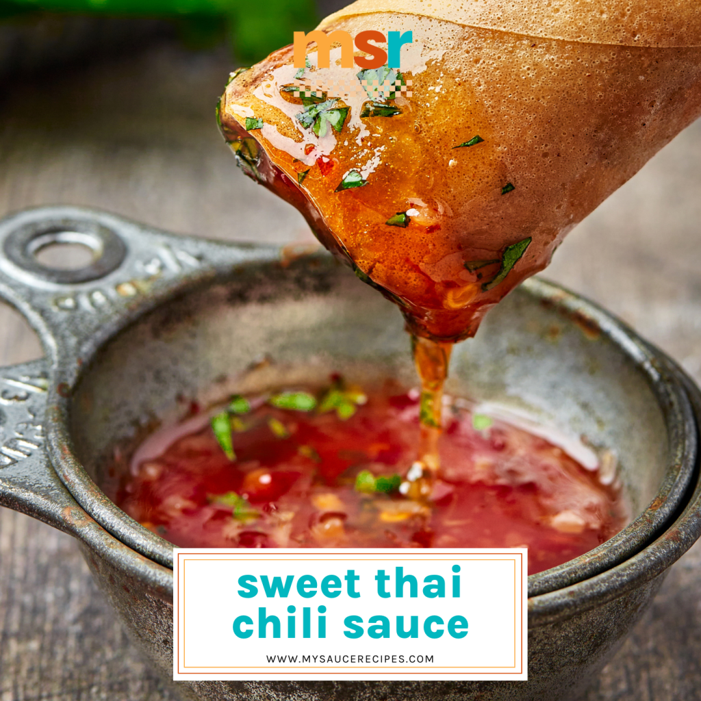 egg roll dipping into sweet thai chili sauce with text overlay for facebook