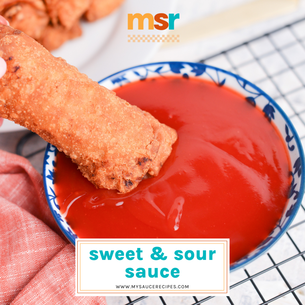 egg roll dipped into sweet and sour sauce with text overlay for facebook
