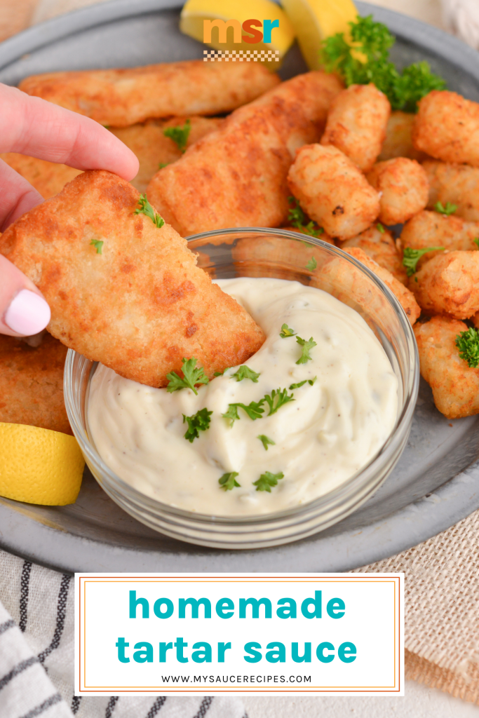 fish dipping into bowl of tartar sauce with text overlay for pinterest