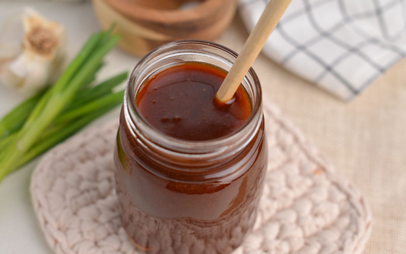 overhead shot of jar of teriyaki sauce