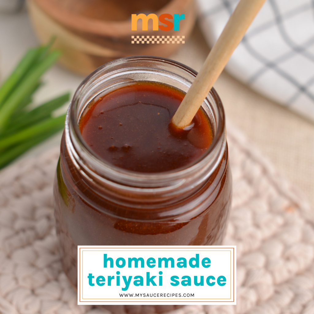 overhead shot of teriyaki sauce in a jar with text overlay for facebook