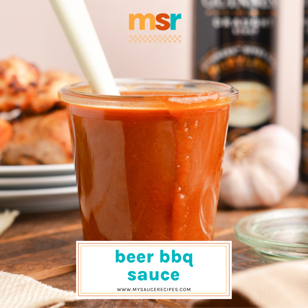 straight on shot of jar of beer bbq sauce with text overlay for facebook