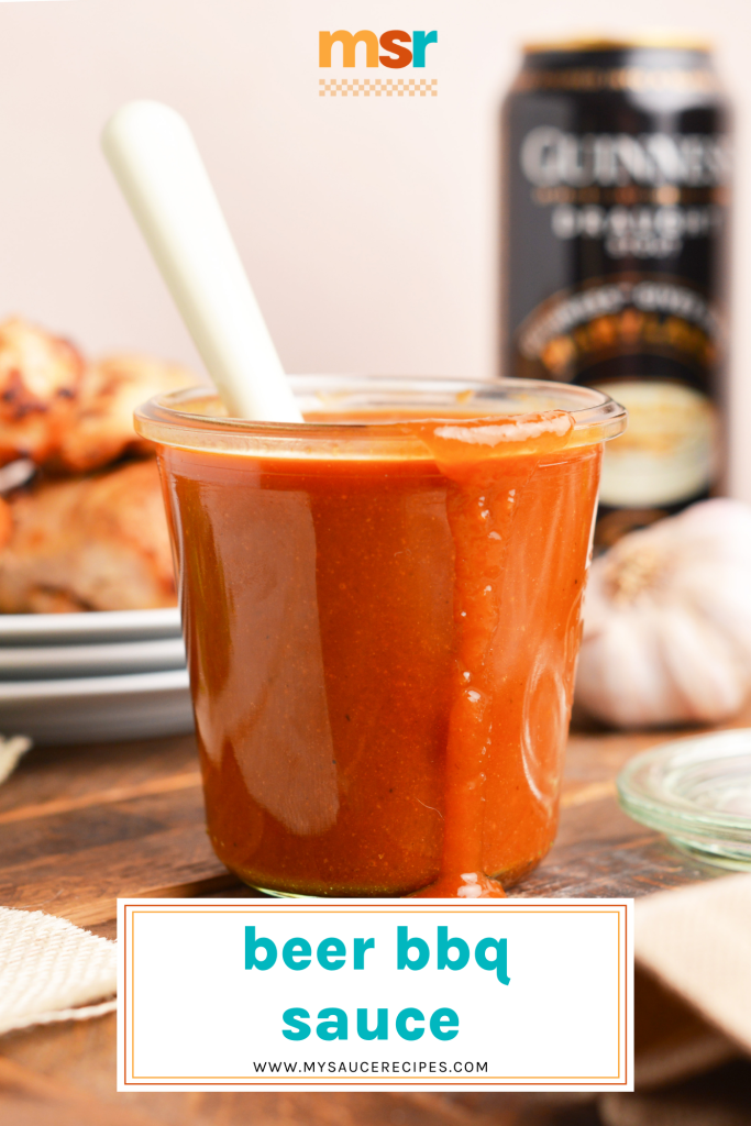straight on shot of jar of beer bbq sauce with text overlay for pinterest
