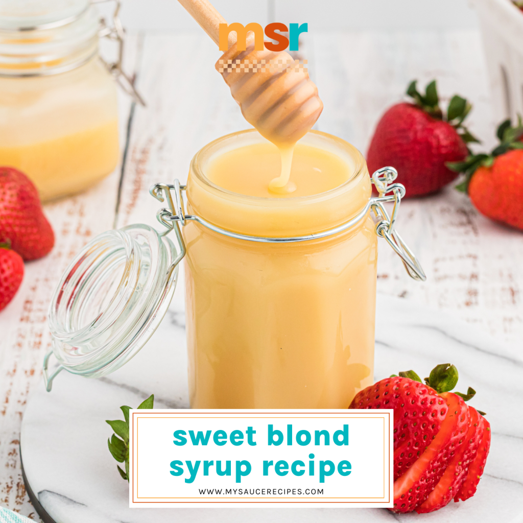 jar of blond syrup with text overlay for facebook