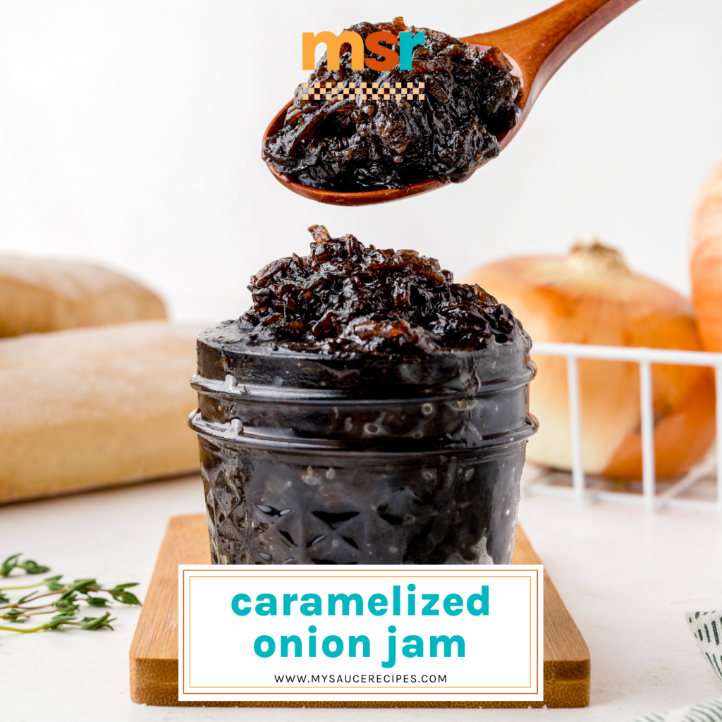 jar of onion jam with text overlay for facebook