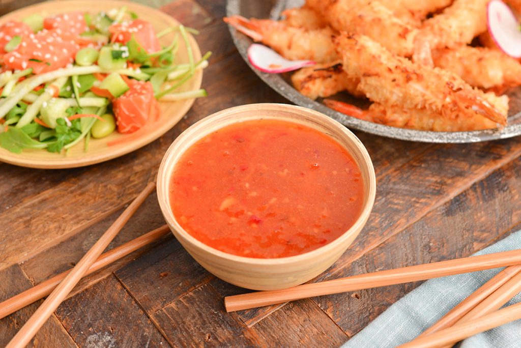 angled shot of coconut shrimp dipping sauce