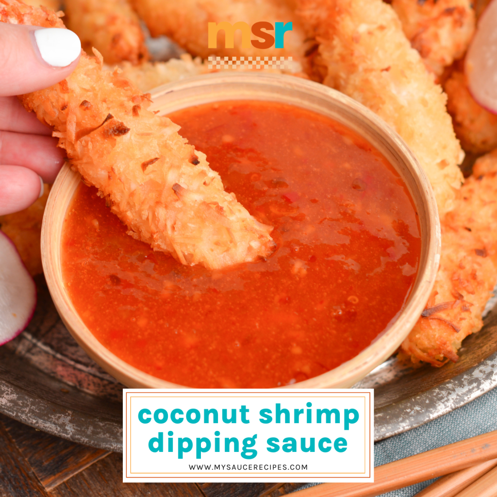 shrimp dipping into coconut dipping sauce with text overlay for facebook