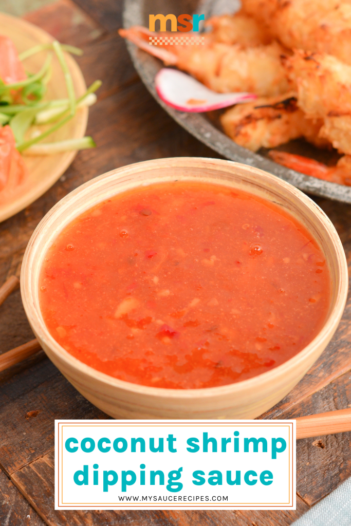 bowl of shrimp dipping sauce with text overlay for pinterest