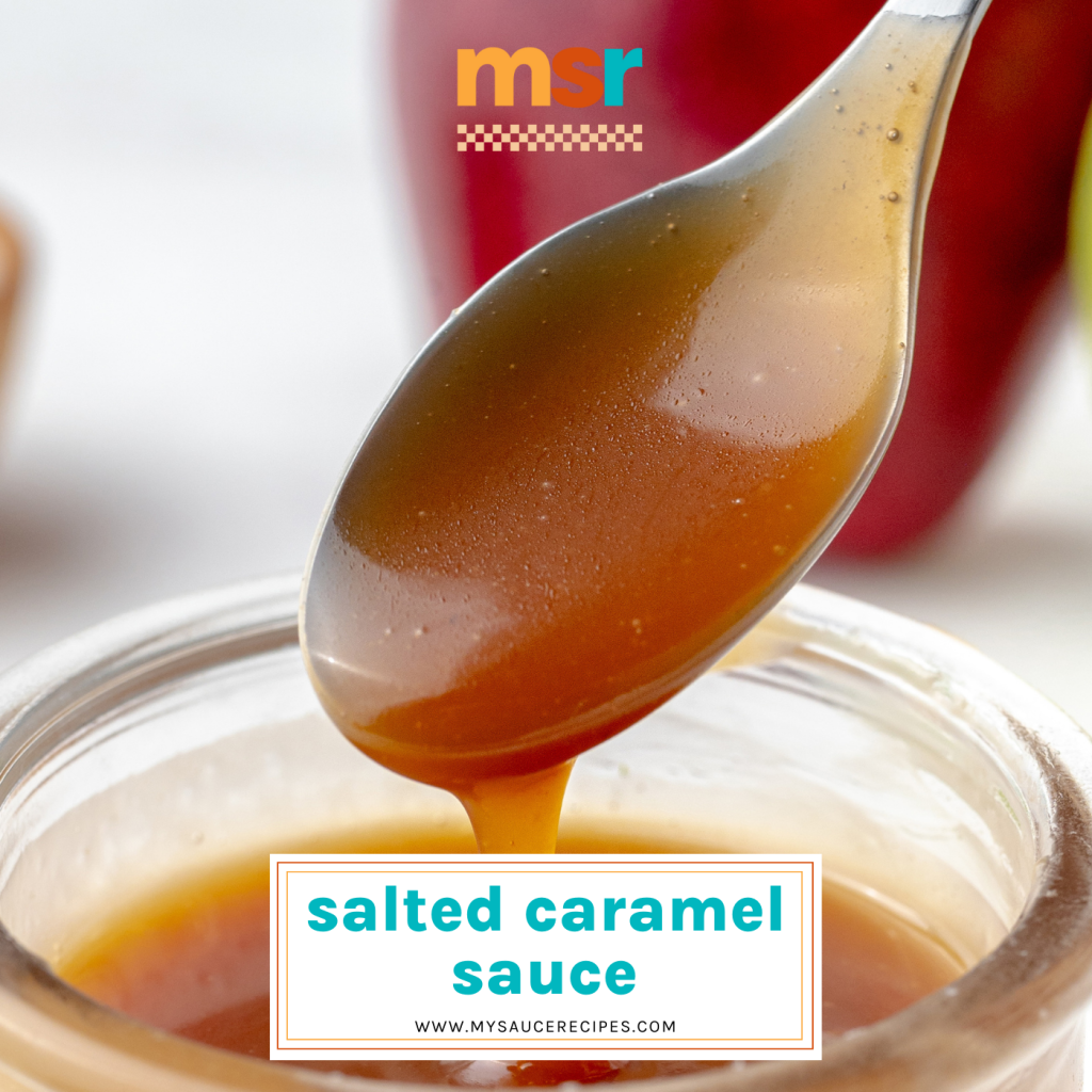 salted caramel dropping off of spoon with text overlay for facebook