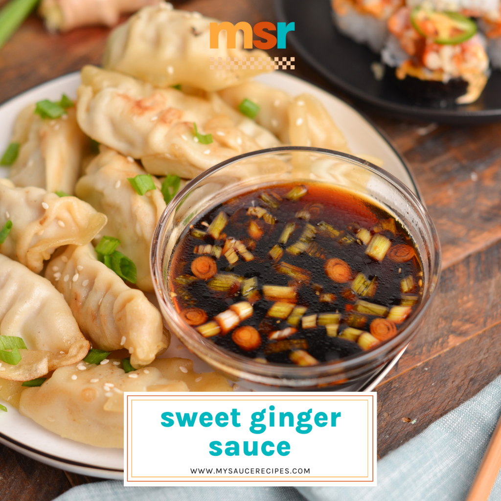 bowl of ginger sauce with text overlay for facebook