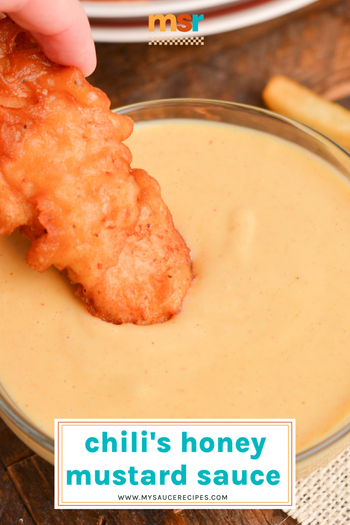 chicken dipping into honey mustard sauce with text overlay for pinterest