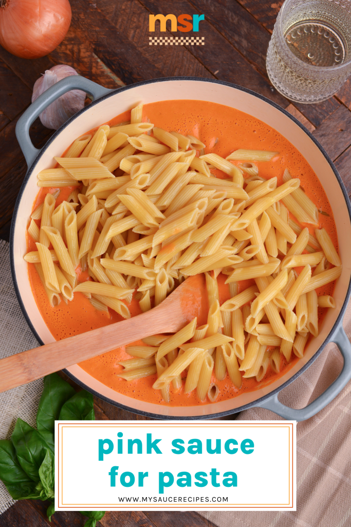 pasta in pink sauce with text overlay for pinterest