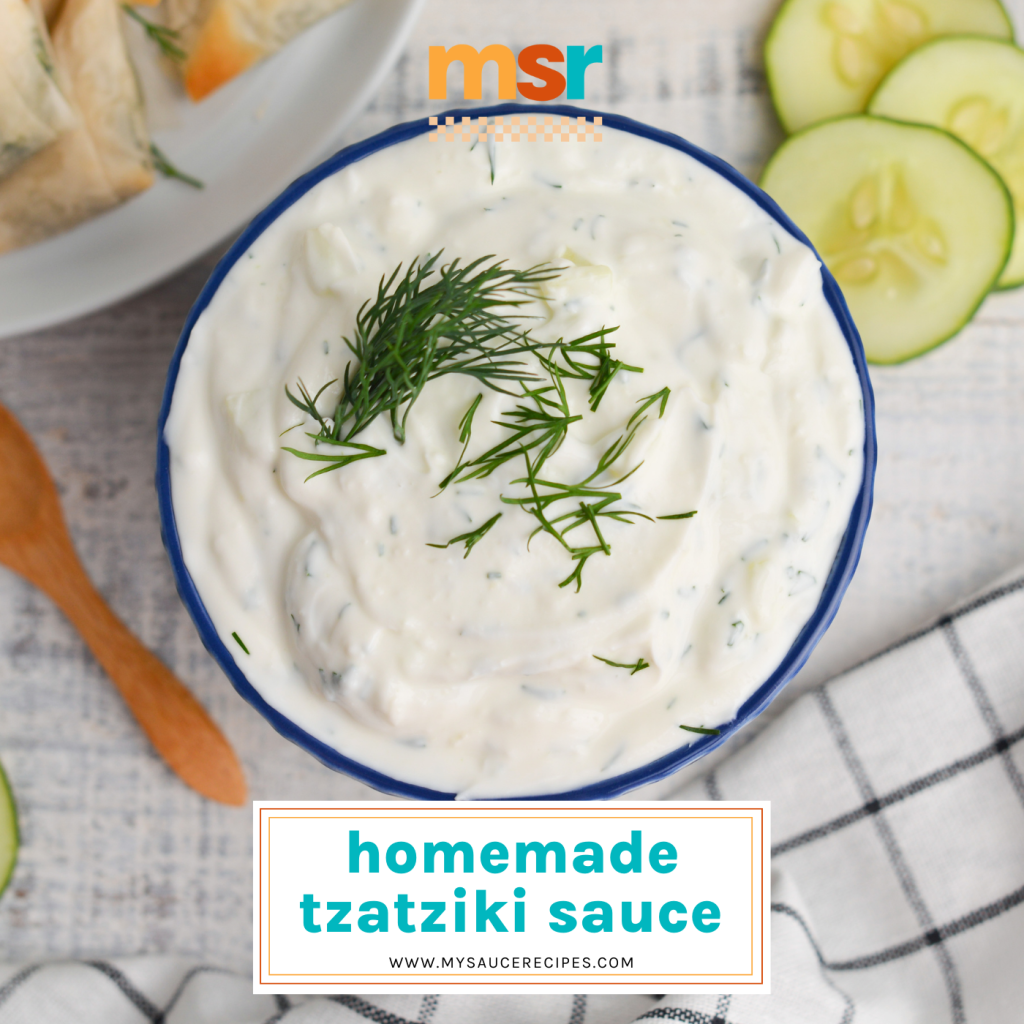 bowl of tzatziki sauce with text overlay for facebook