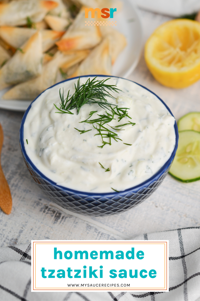 bowl of tzatziki sauce with text overlay for pinterest