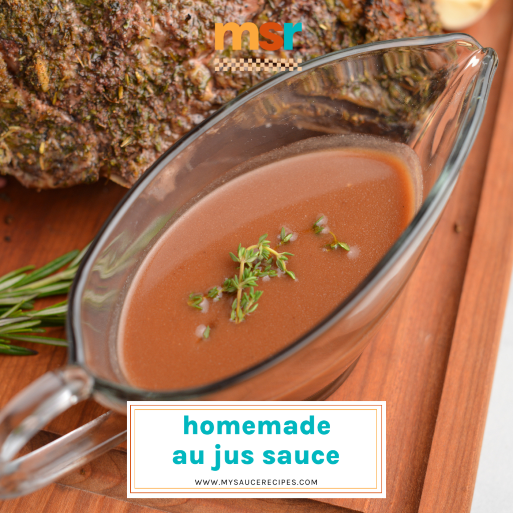au jus sauce on a cutting board with text overlay for facebook
