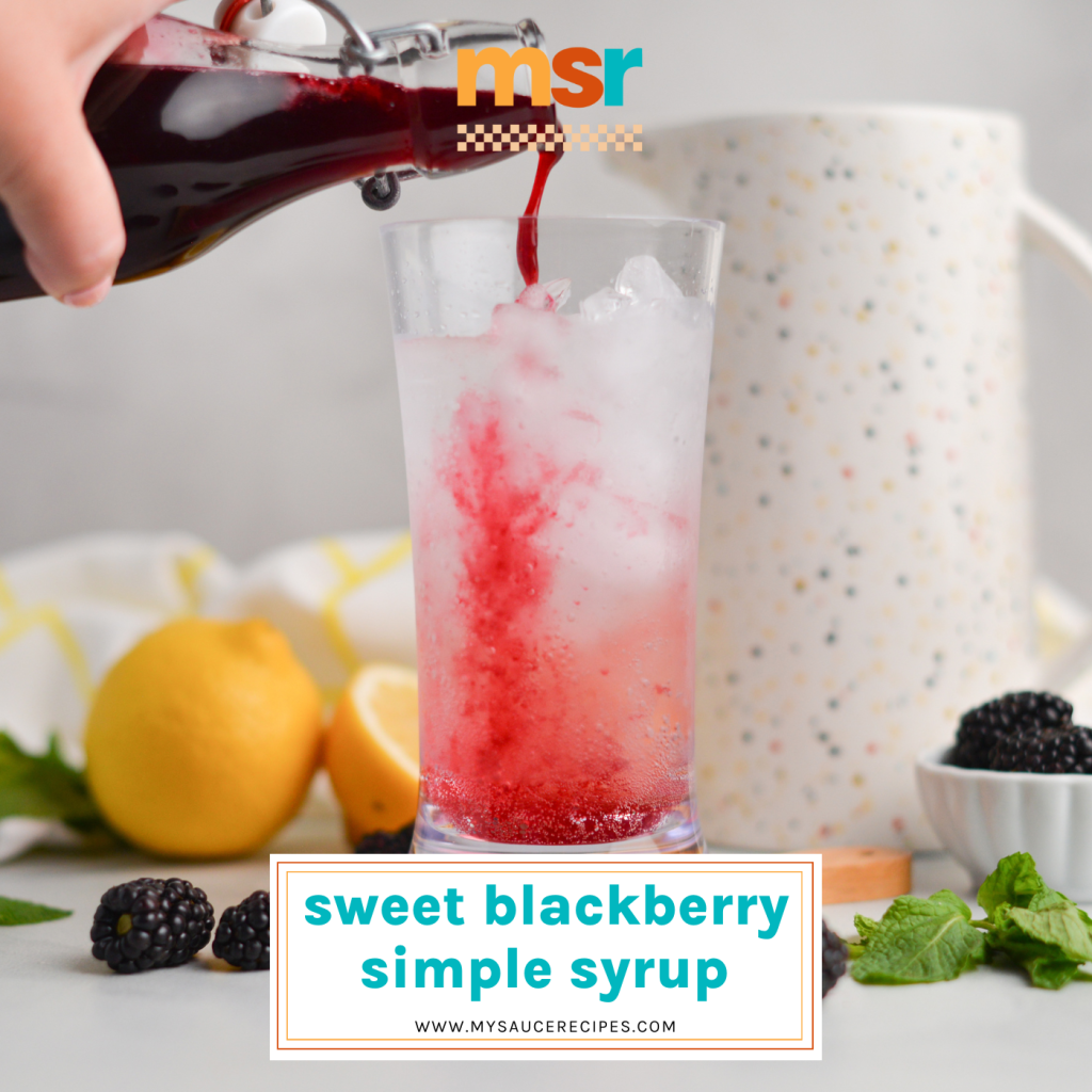 blackberry simple syrup poured into cocktail with text overlay for facebook