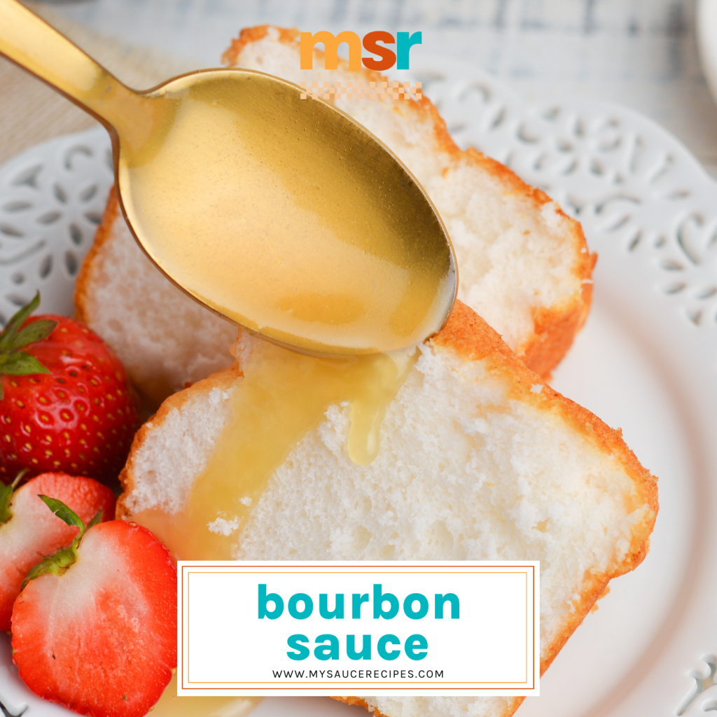 spoon pouring bourbon sauce with text overlay for facebook