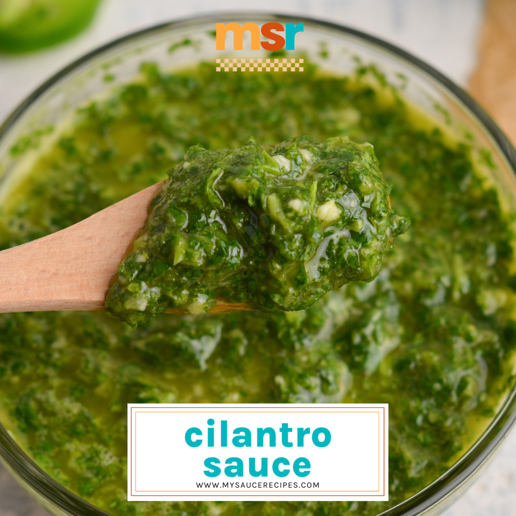 cilantro sauce on a spoon with text overlay for facebook