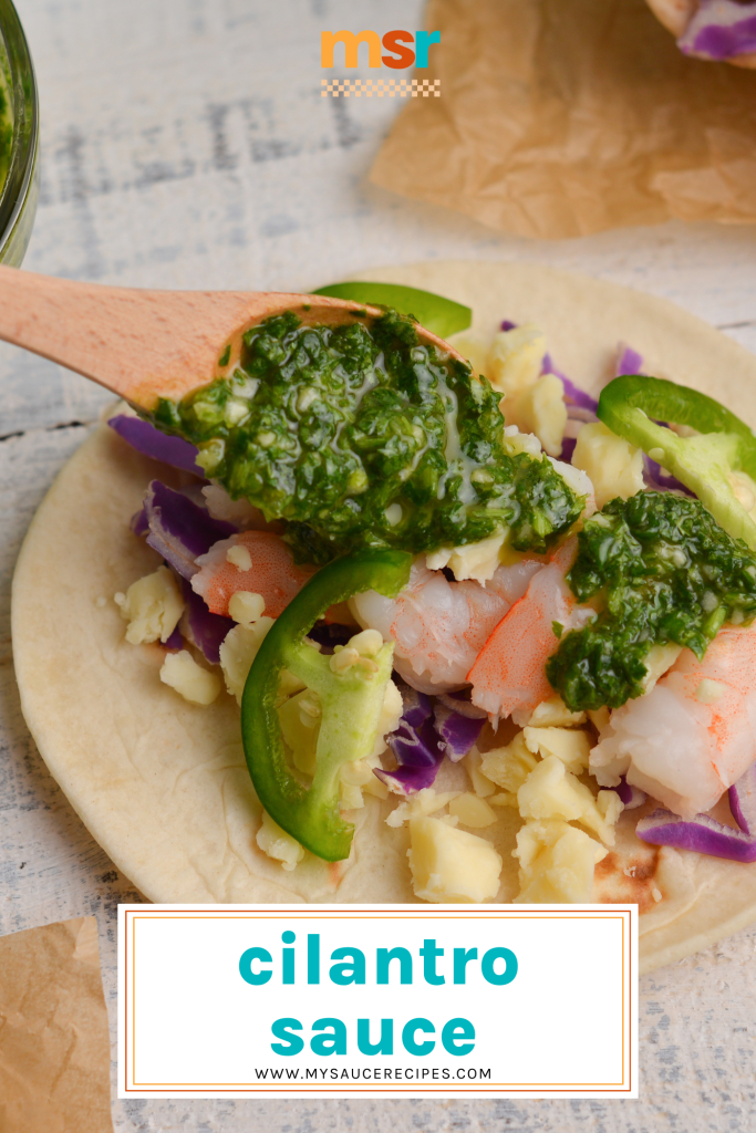 cilantro sauce on a taco with text overlay for pinterest