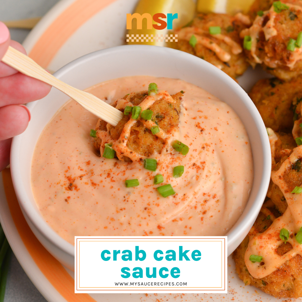 crab cake dipping into crab cake sauce with text overlay for facebook