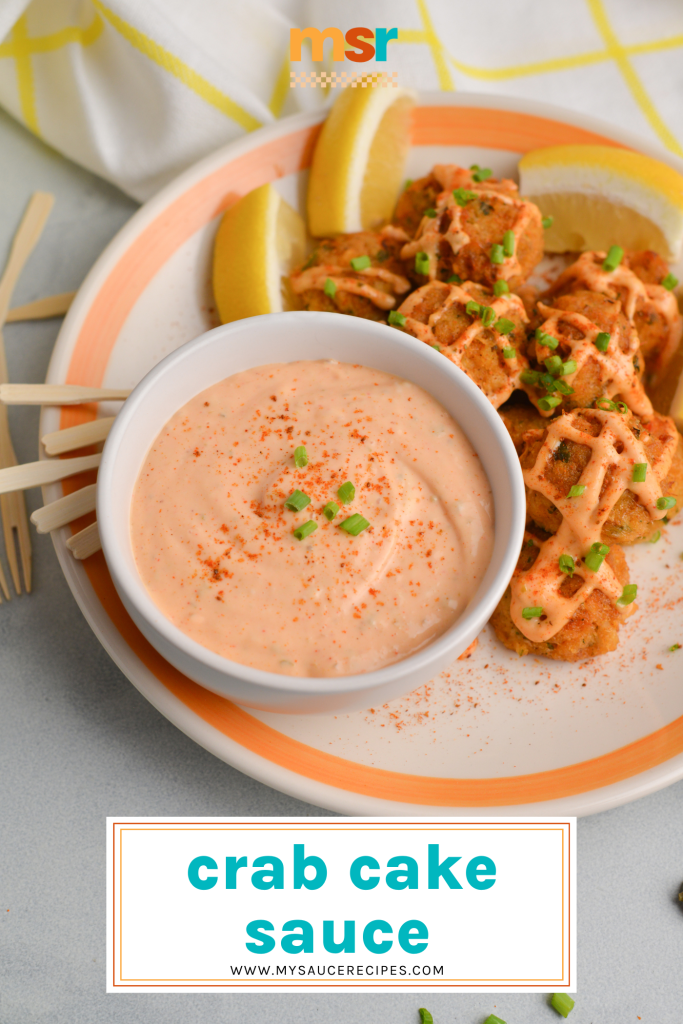 bowl of crab cake sauce with text overlay for pinterest