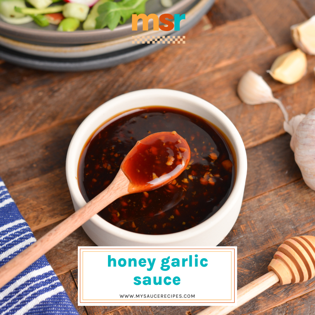 honey garlic sauce on a spoon with text overlay for facebook