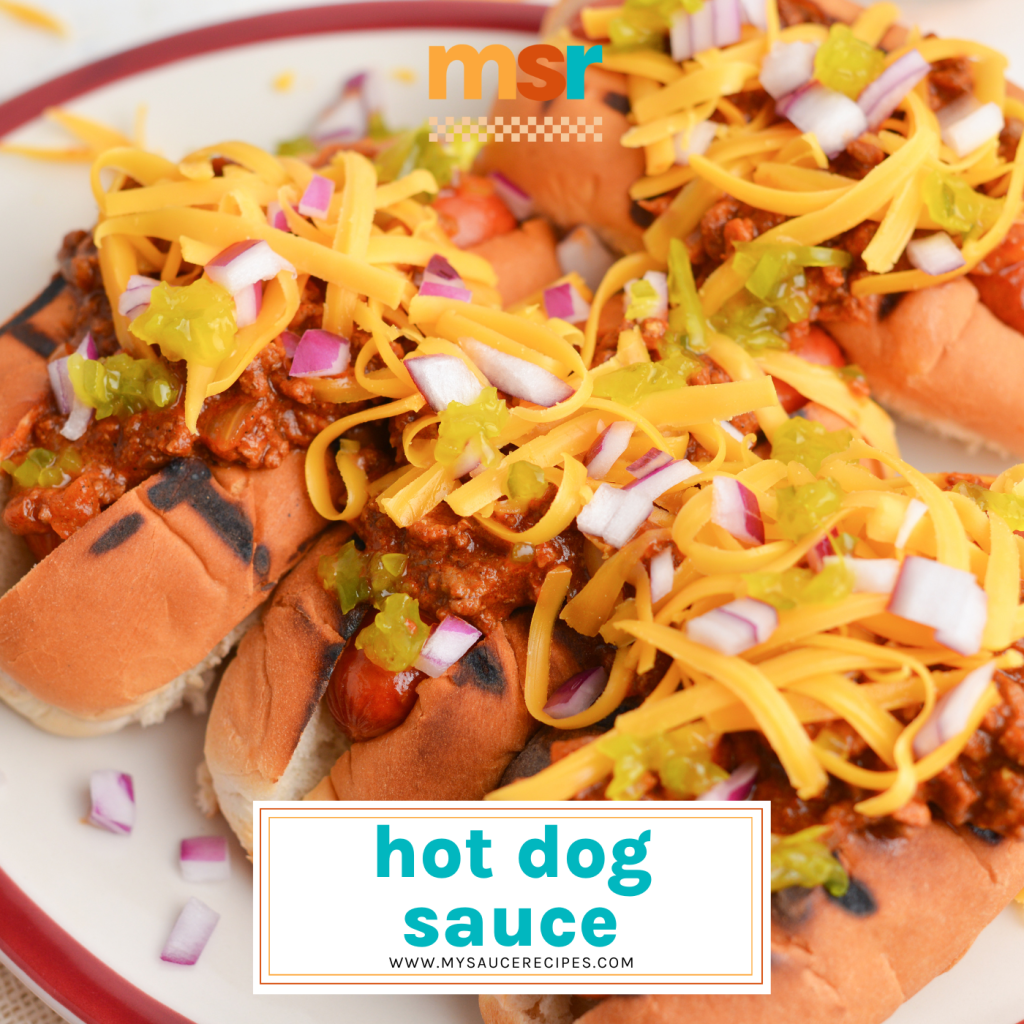 hot dogs topped with hot dog sauce with text overlay for facebook