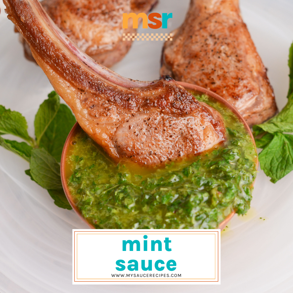 lamb dipping into mint sauce with text overlay for facebook