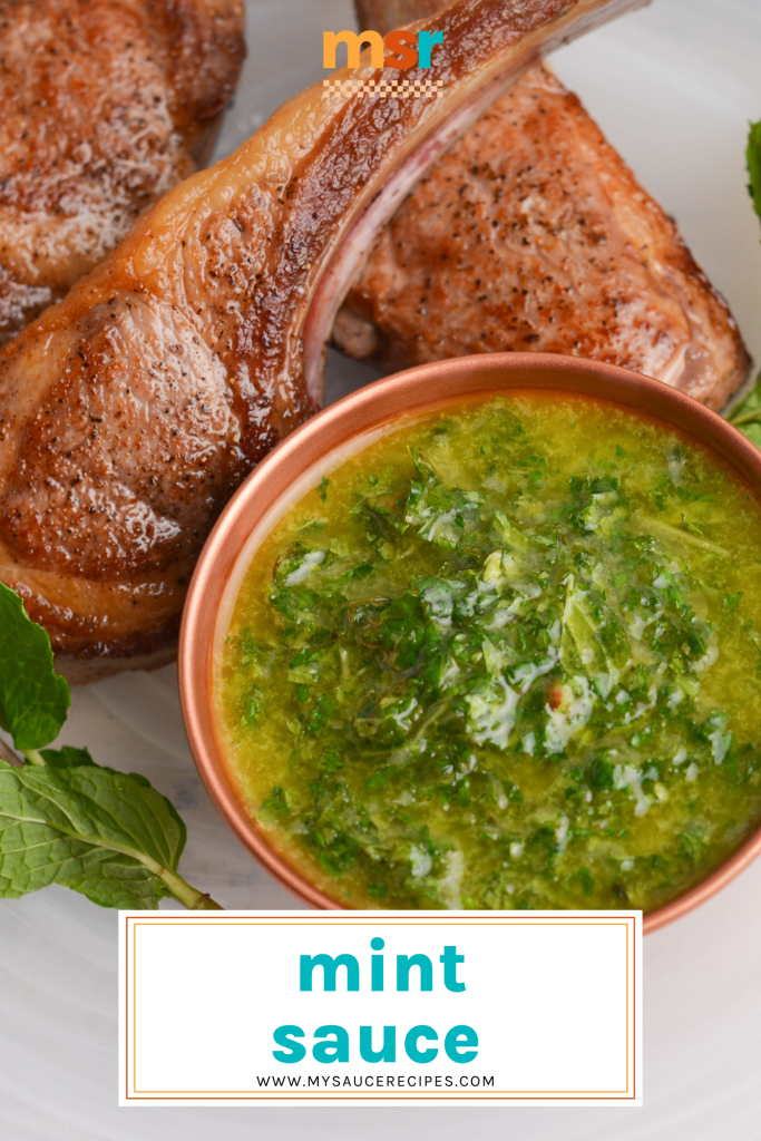mint sauce with lamb with text overlay for pinterest