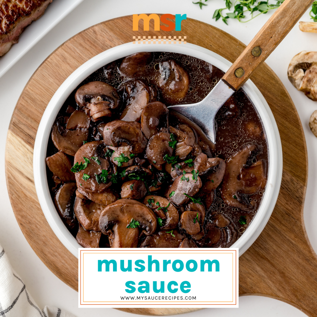 overhead shot of bowl of mushroom sauce with text overlay for facebook