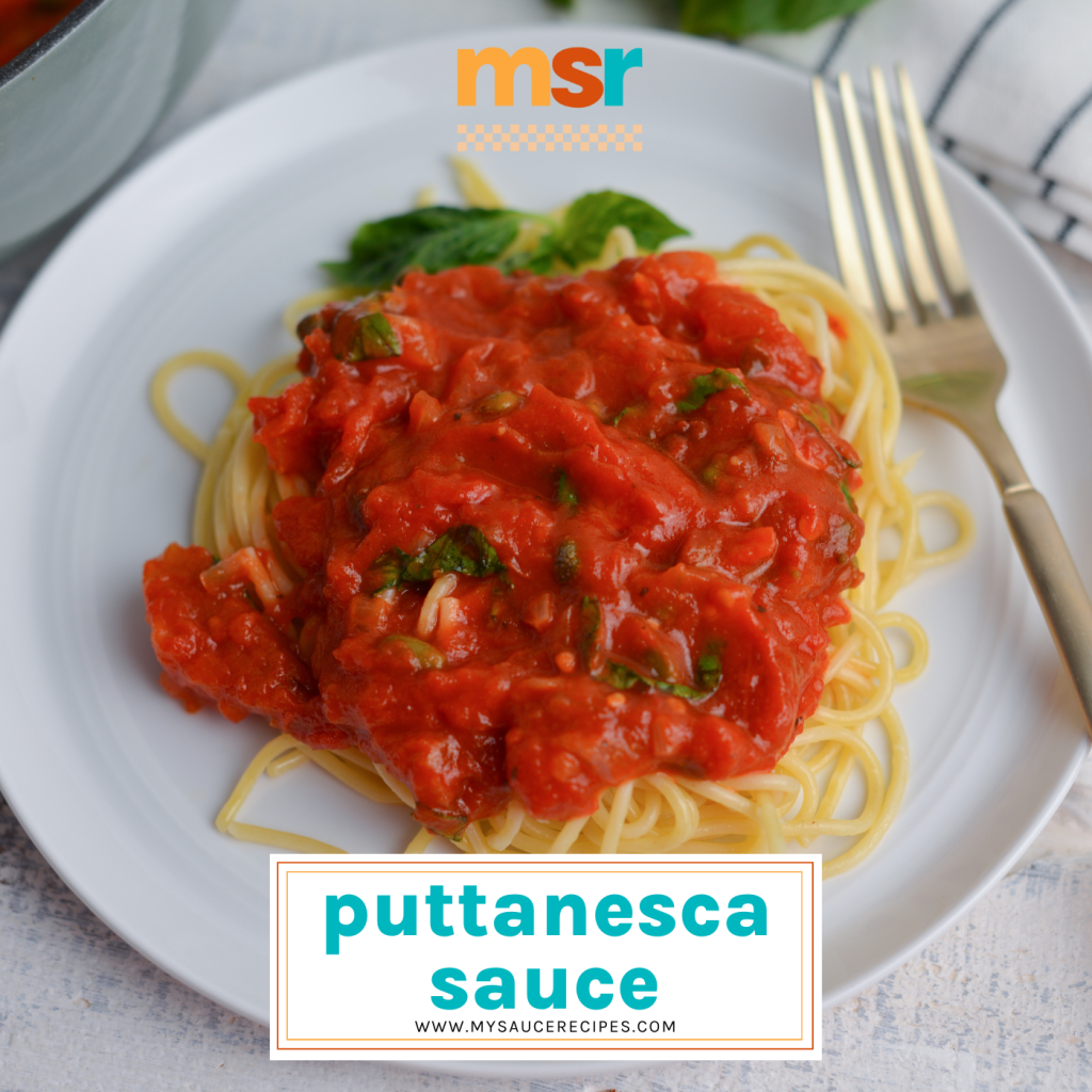puttanesca sauce over pasta with text overlay for facebook