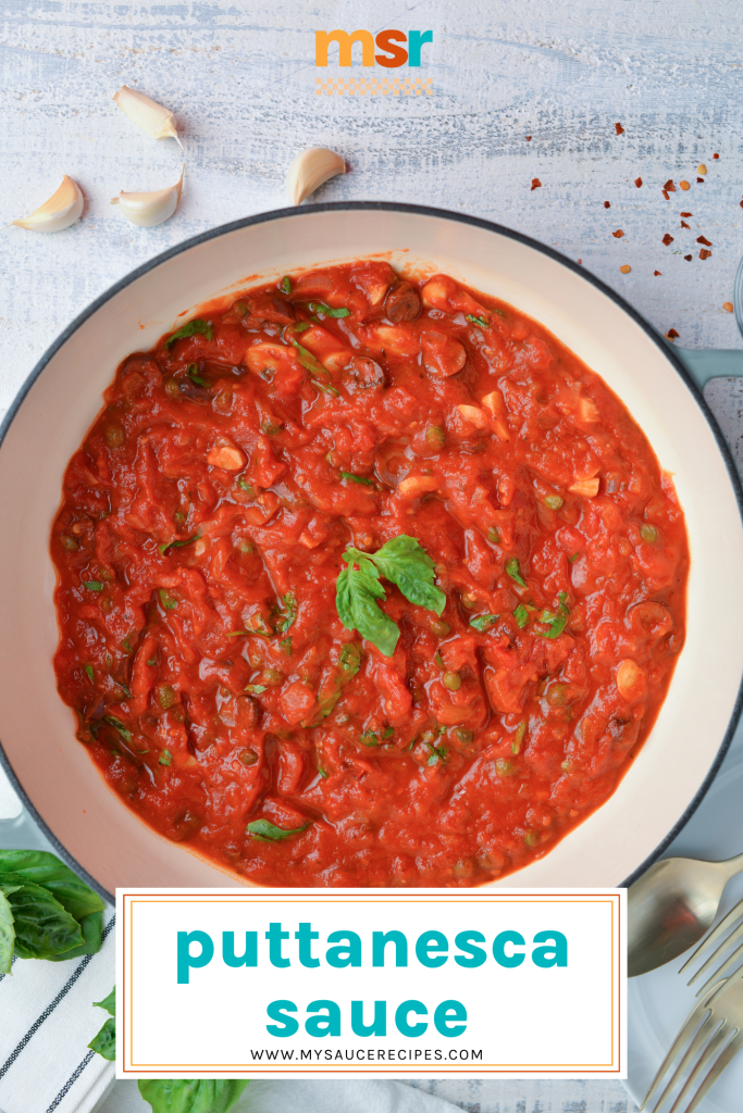 overhead shot of pot of puttanesca sauce with text overlay for pinterest