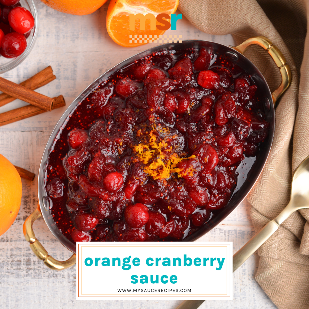 overhead shot of cranberry orange sauce with text overlay for facebook