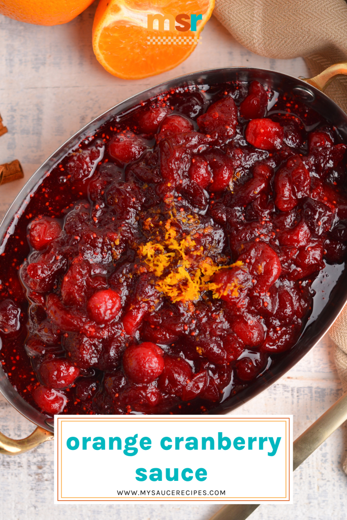 overhead shot of cranberry orange sauce with text overlay for pinterest