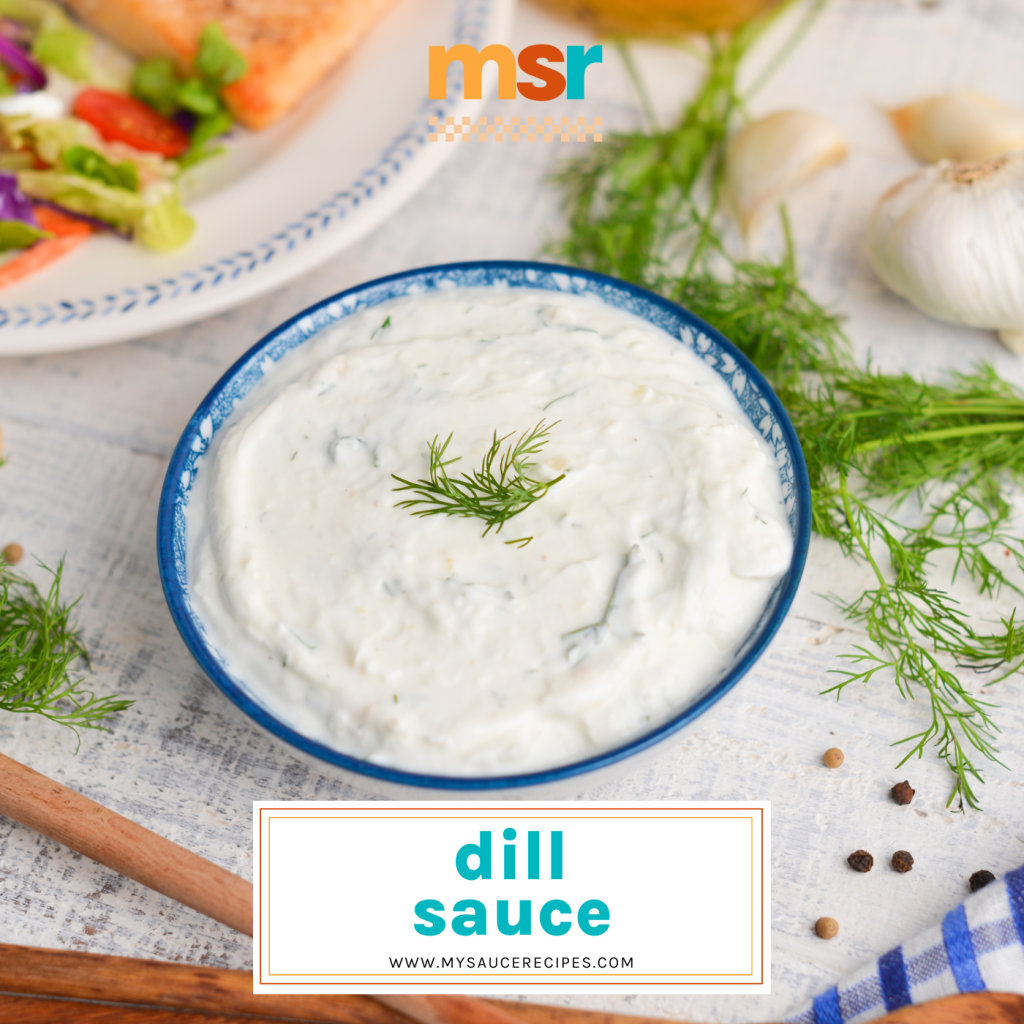 angled shot of dill sauce with text overlay for facebook