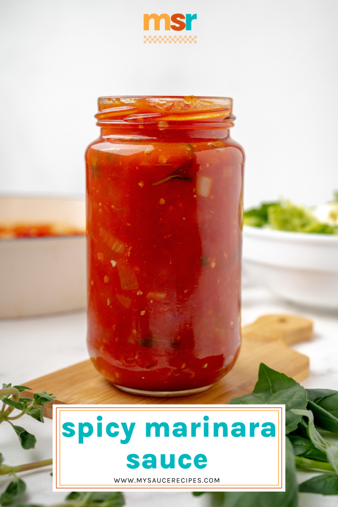 jar of spicy marinara sauce with text overlay for pinterest