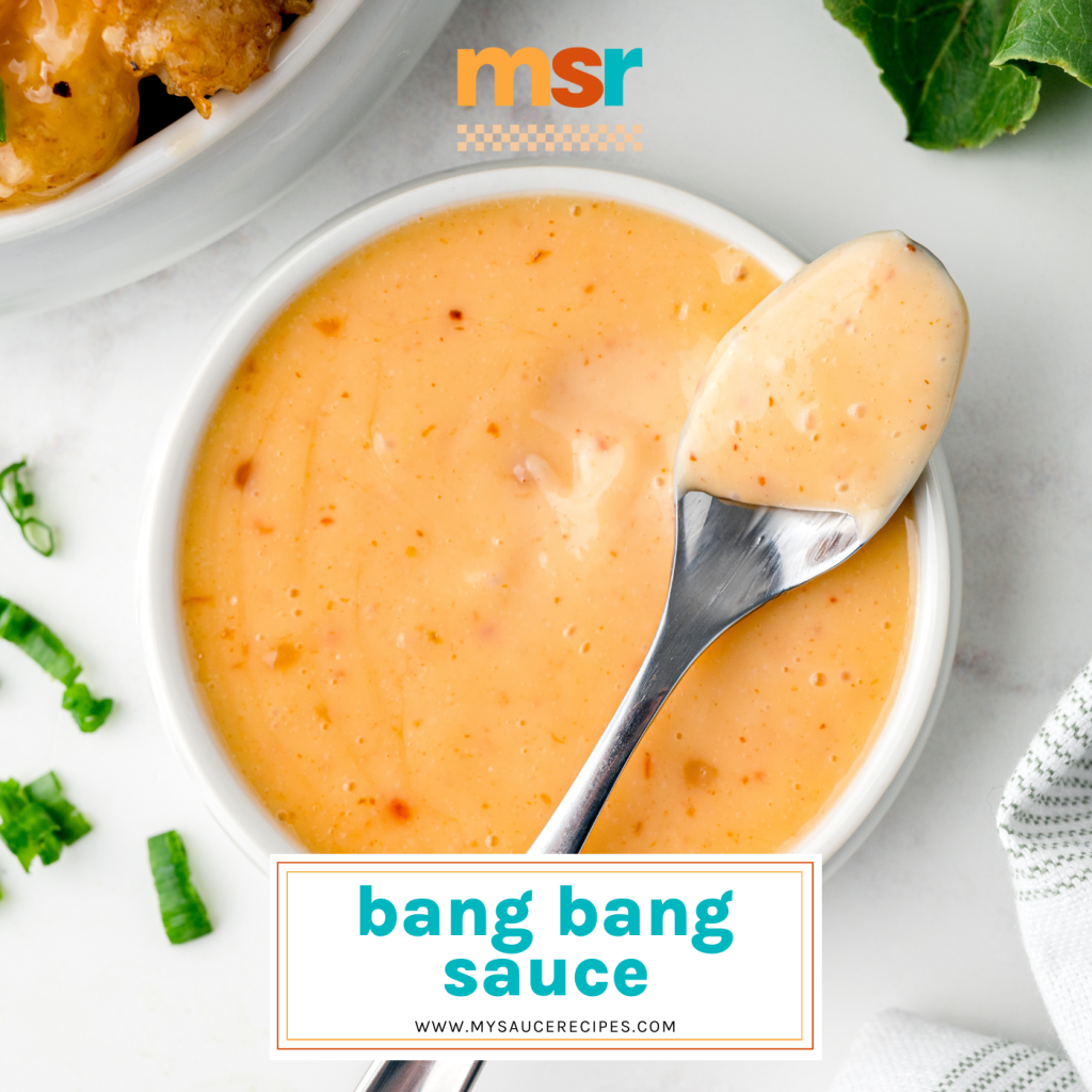 overhead shot of bowl of bang bang sauce with text overlay for facebook