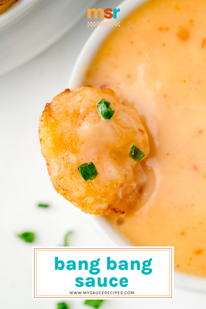 shrimp dipping into bang bang sauce with text overlay for pinterest