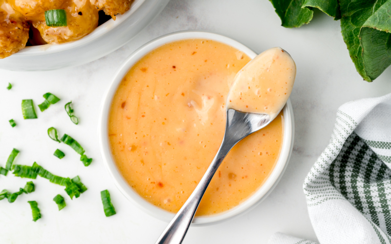 overhead shot of bowl of bang bang sauce