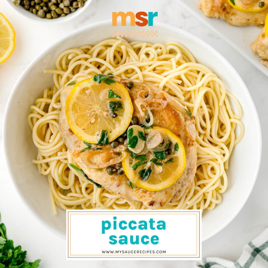 bowl of chicken piccata with text overlay for facebook