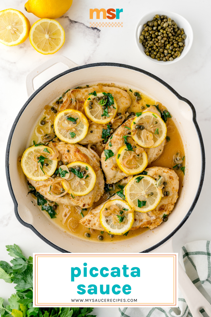 chicken in piccata sauce with text overlay for pinterest