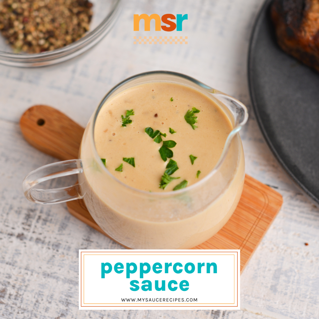 angled shot of creamy peppercorn sauce with text overlay for facebook